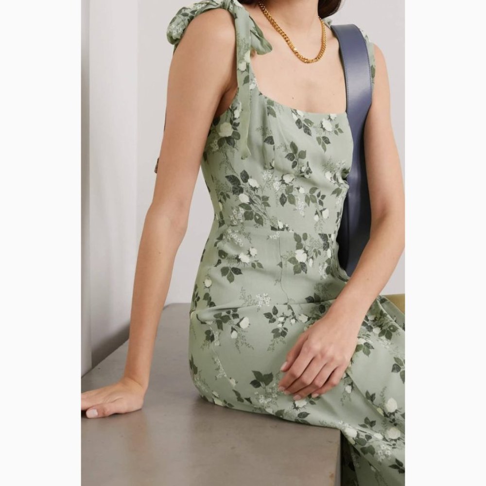 NWOT Reformation Twilight Dress in Verde Green White Floral Midi Tie Straps - Picture 13 of 14